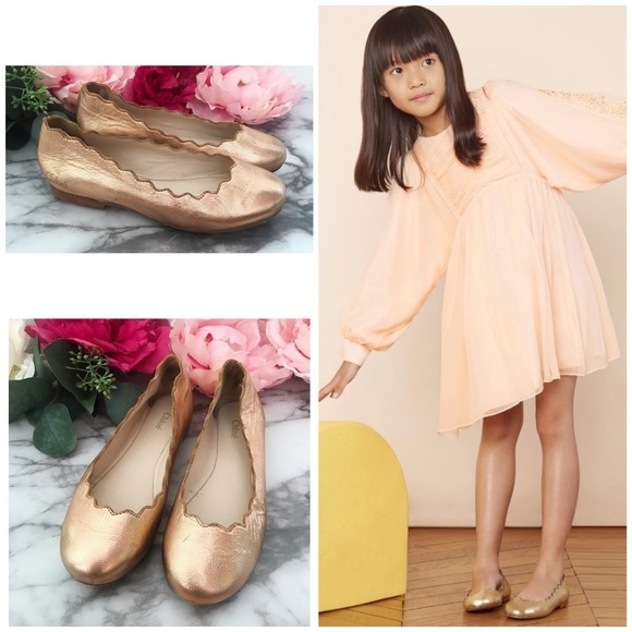 Chloé Girls Rose Gold Scalloped Ballet Flats Shoes​​